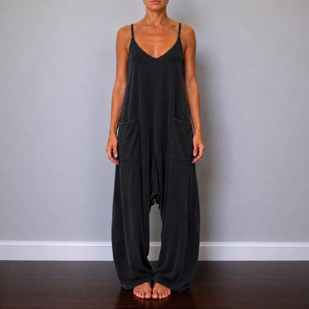 FREE PEOPLE FP Movement Hot Shot Jumpsuit Black Boho Lagenlook Harem Onesie Sz S